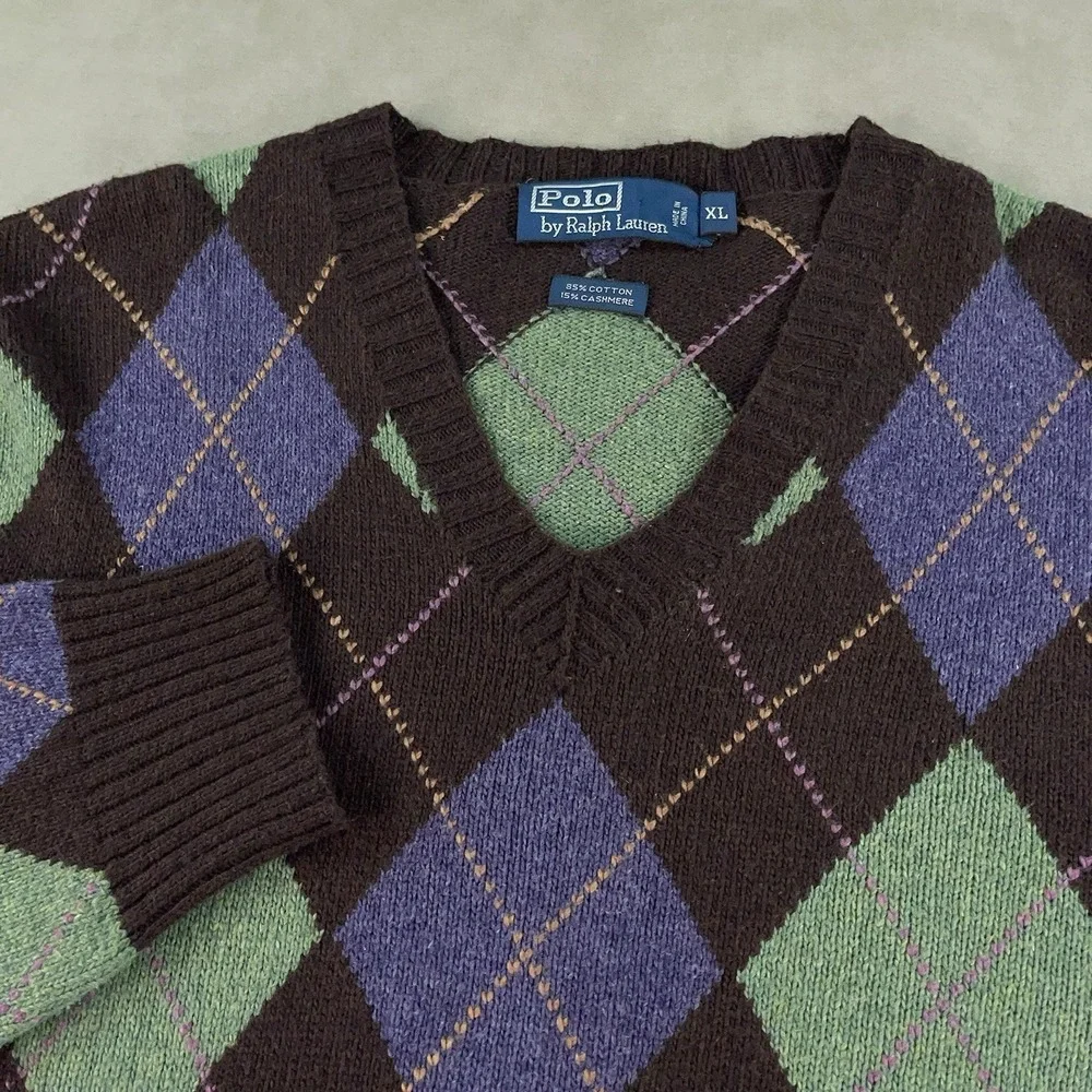 Polo‎ Ralph Lauren Sweater Mens XL Brown Green Argyle Diamond Cotton Cashmere